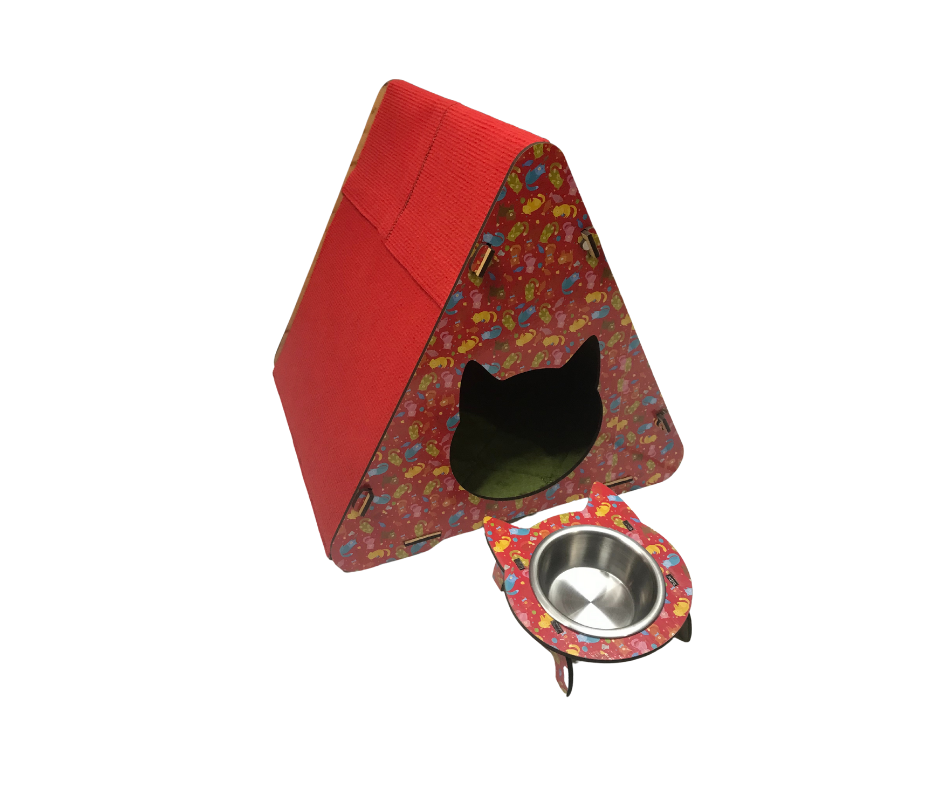 BASKILI AHŞAP KEDİ EVİ VE MAMA VE SU KABI